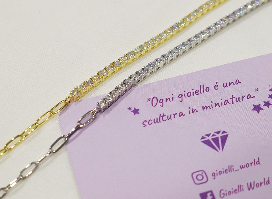 Bracciale Tennis con catena per aggancio in argento 925 colorazioni argento o placcato oro