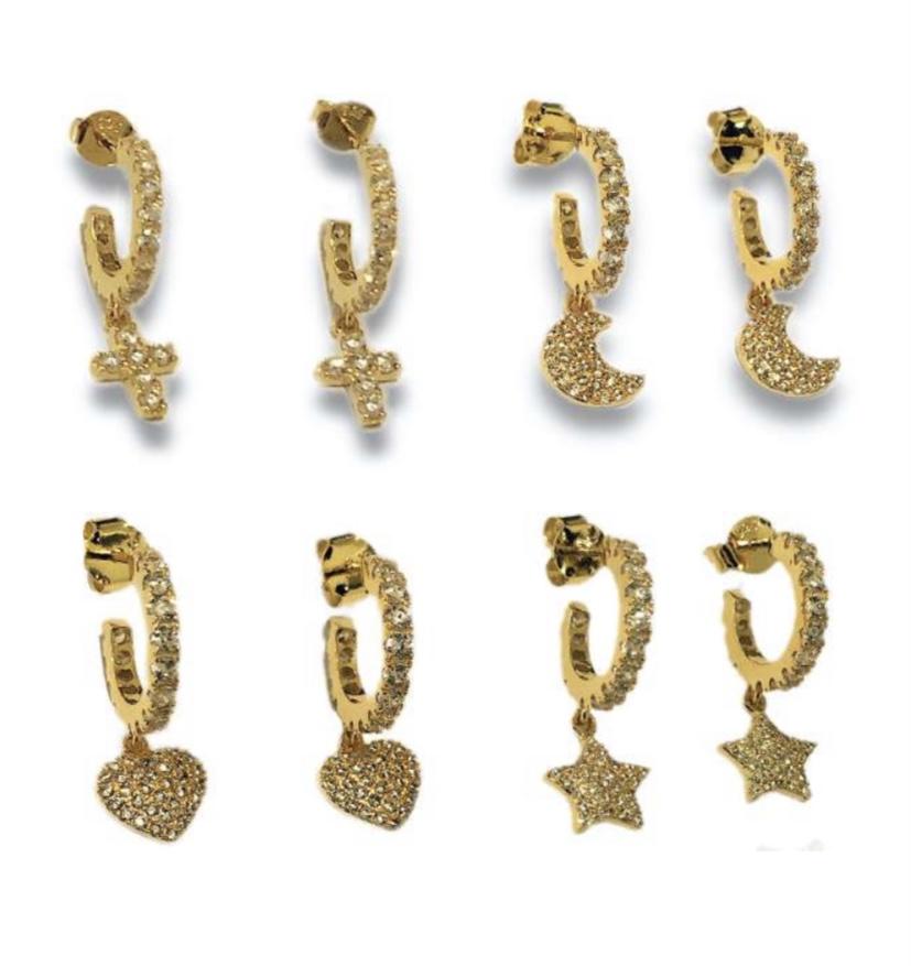 Orecchini zirconati , modelli con croce, luna, cuoricino e stellina